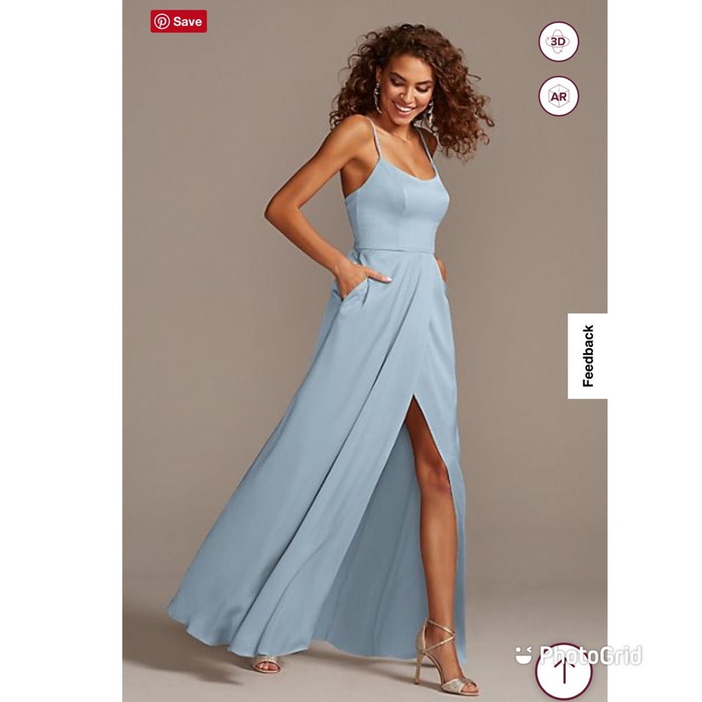 Crepe Back Satin Spaghetti Strap Bridesmaids Dress. Dusty Blue